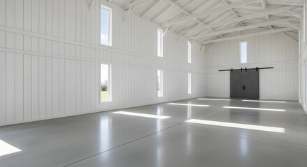 Obraz premium Modern minimalist white barn interior with polished concrete floor for wedding event venue