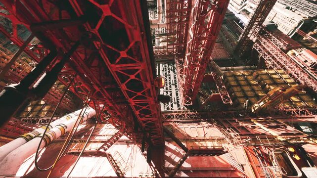 red steel structure towering over platform, dramatic highcontrast light, deep shadows between massive beams, riveted girders and network of pipes, sense
