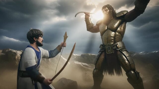 3D cinematic animation of young David facing the giant Goliath on a battlefield. Dramatic li