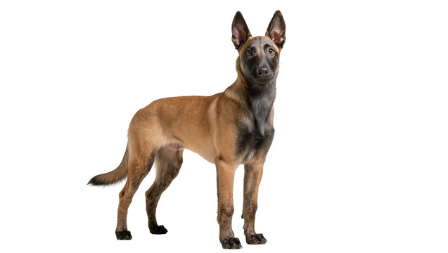 Belgian Malinois dog with fawn coat and black mask, standing alertly, looking directly at camera, isolated PNG, for pet and animal designs
