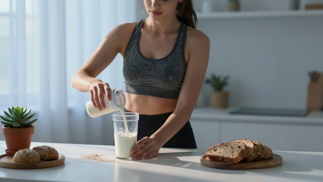 Young sporty woman in activewear pouring milk into a glass with protein powder, surrounded by bread and a succulent plant on a kitchen counter. Soft focus background.
