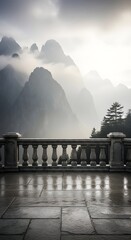 Fototapeta premium Stone balcony overlooking misty mountain peaks in a serene landscape
