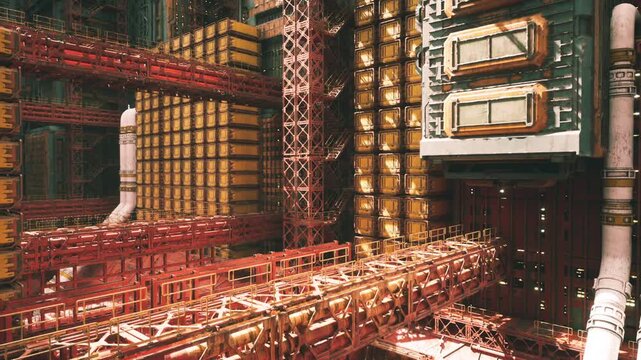 Industrial pipework corridor with red scaffolding and glowing sunlight casting dramatic shadows across metal platforms and valves, crowded conduit network