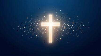 Obraz premium Radiant golden cross with ethereal light and sparkling particles on a deep blue background, a clean vector illustration embodying faith, hope, and divine spirituality