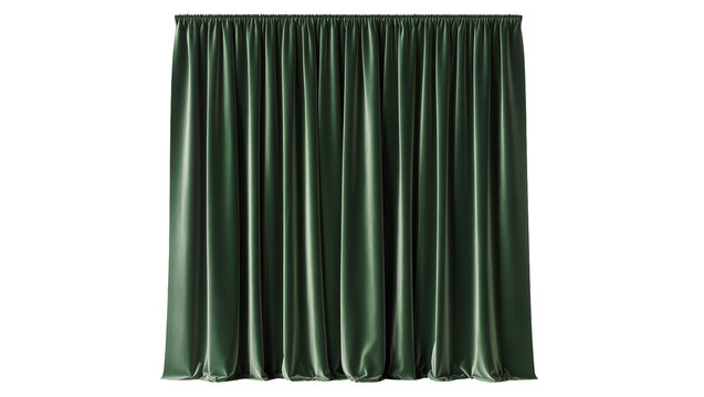 Rich dark green velvet curtain, elegantly draped with soft pleats and luxurious texture, isolated PNG for interior design and home decor