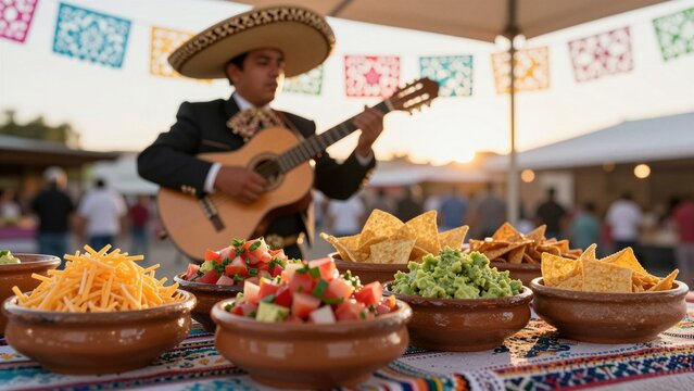 Colorful Mexican street food with traditional dishes, a mariachi musician playing in the soft focus background.