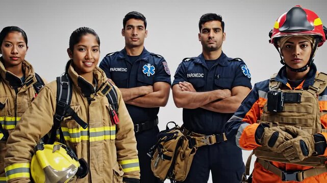 Diverse Group of Emergency Responders Standing Together in Uniforms