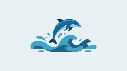 Naklejka premium Minimalist Dolphin Jumping Above Geometric Ocean Waves Flat Vector for World Dolphin Day