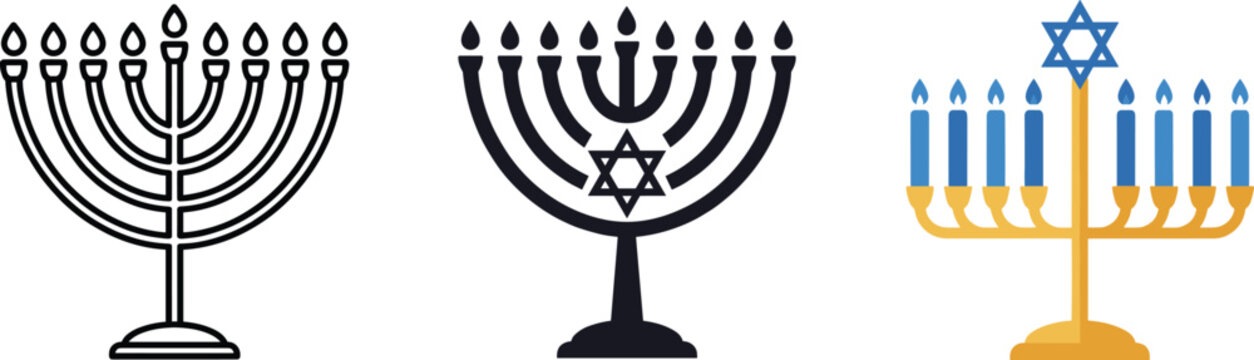 Hanukkah menorah icon set with Star of David, jewish festival of lights candles traditional judaica symbol flat vector illustration