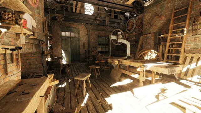 Sunny maker studio blending vintage gear and modern craft with open benches, tool racks, tall windows, warm beams and lively creative atmosphere for prototype