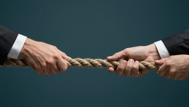 Two businessmen in suits pulling a rope, showing tension and determination during a challenging negotiation.