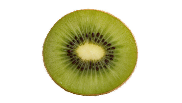 Fresh green kiwi fruit slice, isolated on a transparent background, revealing juicy texture and black seeds, a delicious food PNG