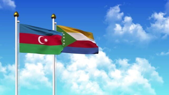 Waving flags of AZERBAIJAN and COMOROS on pole included with alpha
