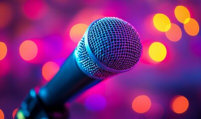 Obraz premium Close-up of a studio microphone with a colorful bokeh background, representing the creative and dynamic atmosphere of a recording studio, Generative AI