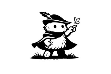 Naklejka premium Niedliche Märchenfigur, Held aus Gras mit Hut und Umhang zeigt auf Schmetterling – minimalistische Vektorillustration