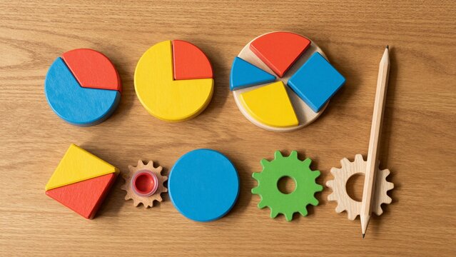 Wooden fraction circles and gears with a pencil, promoting early childhood mathematics education.