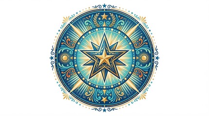 Intricate circular emblem with a radiant golden star at its heart, surrounded by elaborate decorative patterns, symbolizing achievement, guidance, and aspiration