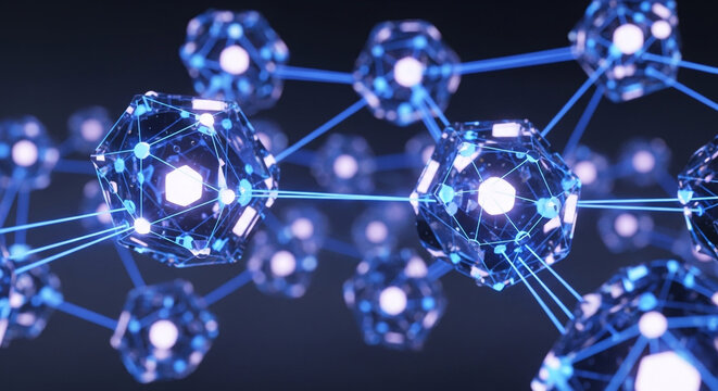 Network of interconnected nodes and glowing connections forming a futuristic molecular structure