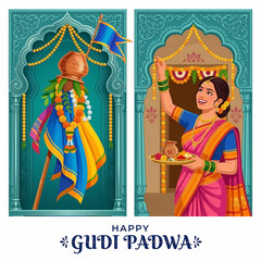 Obraz premium Gudi Padwa Triptych with Woman Decorating Doorway