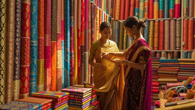 Close-up view of two Indian women in beautiful saris selecting fabric from tall vertically stacked rolls of cloth arranged like colorful walls in a textile market. One woman gently pulls a piece 