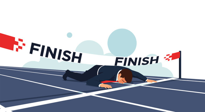 Exhausted businessman crawling to cross the finish line of a race track representing persistence and determination to reach final career goals.