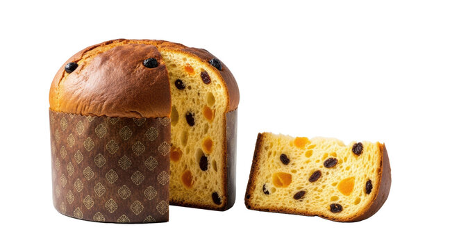 A whole traditional golden-brown Panettone loaf and a triangular slice with fluffy interior, dark raisins, candied peels, on a transparent background. Concept of festive indulgence