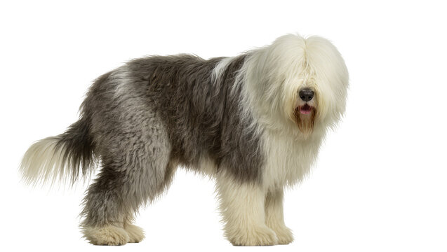 Majestic Old English Sheepdog standing gracefully, its shaggy white and grey fur prominent, isolated PNG on transparent background for pet-related designs