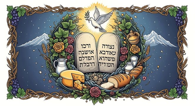 Stylized illustration of the Ten Commandments tablets with a dove, surrounded by grapes, wheat, bread, and milk, under a starry sky
