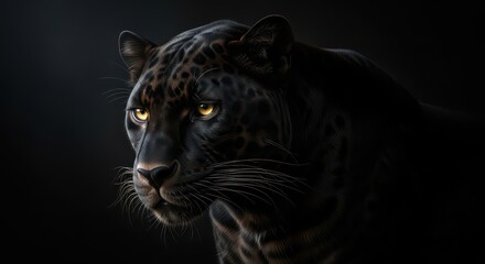 Obraz premium A majestic black panther with piercing yellow eyes staring intently into the distance against a dramatically dark and mysterious background.