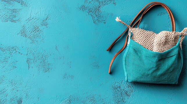 Sparkling Teal and Beige Beaded Clutch Purse with Brown Straps on a Textured Teal Background with Glitter Accents and Soft Lighting