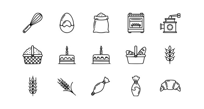 A set of minimalist line art icons depicting various baking and pastry making tools and treats