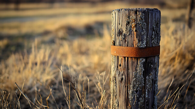 Weathered wooden fence post with rusty metal band standing in dry rural field.