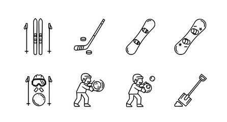 Obraz premium A set of vector icons depicting various winter sports equipment and accessories