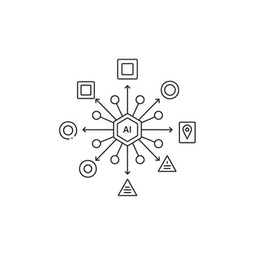 Centralized AI system with various data inputs and outputs represented by icons.