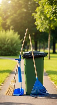 Green trash bin with blue and wooden cleaning tools on park pathway