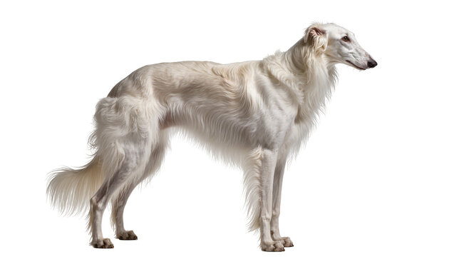 Elegant white Borzoi dog standing in profile, a majestic sighthound with long flowing fur, isolated PNG on transparent background