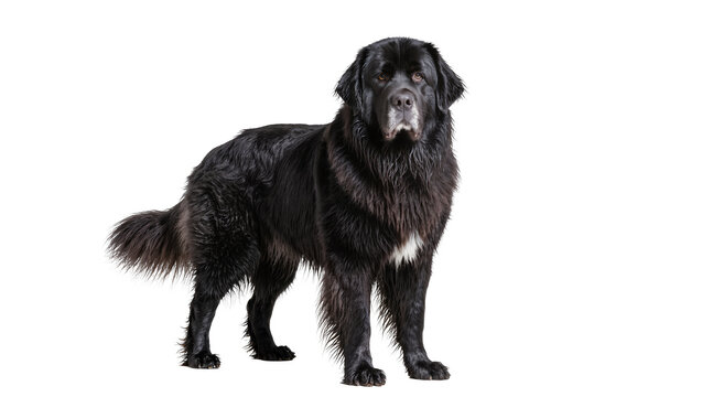 Majestic black Newfoundland dog standing gracefully, a large fluffy canine companion isolated on transparent background, perfect for pet-themed designs PNG