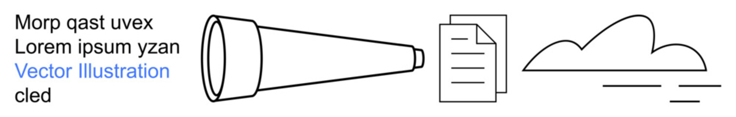 Exploration, data storage, cloud computing, file management, information technology, discovery. A telescope aimed at a document and a cloud icon. Exploration and data storage concept © robu_s