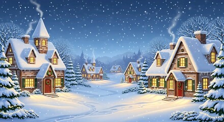 Fototapeta premium Cute snowy Christmas village with glowing houses and falling snow creating magical winter holiday scene illustration. Festive concept