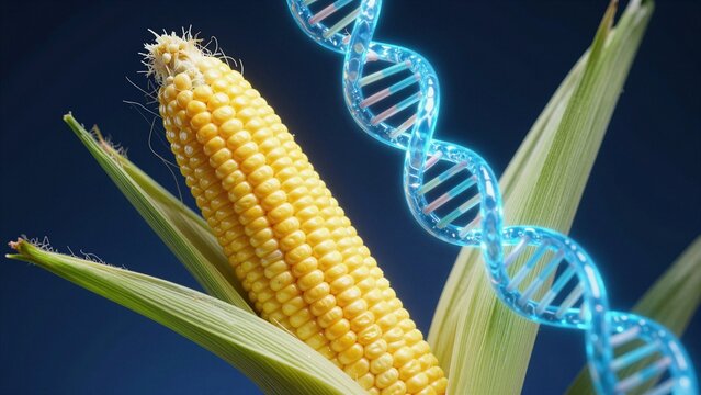 A close-up of a corn cob with a glowing blue DNA double helix, symbolizing genetic modification in agriculture.