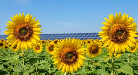 Fototapeta premium Sunflowers field with solar panels under clear blue sky during summer