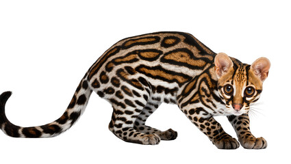 Obraz premium Stunning ocelot, a small wild cat with distinctive spotted fur, captured in a crouching pose, looking at camera, isolated PNG