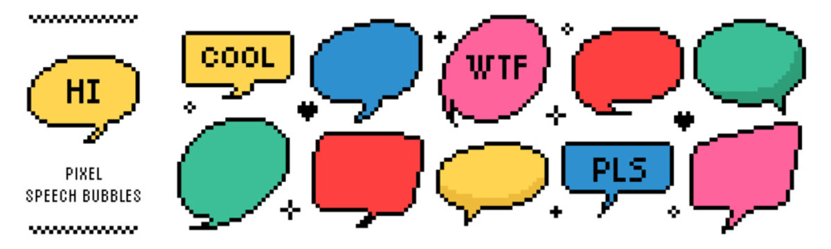 Pixel speech bubble set. 8-bit retro chat balloons and dialog boxes. Fun comic talk frames in Y2K style.