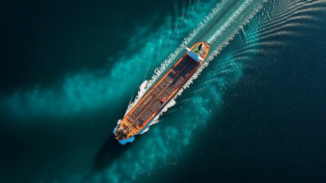 large merchant ship crossing Strait of Hormuz global trade corridor, deep blue water, Aerial view captures a cargo ship gliding through deep blue waters. Waves ripple behind as vessel moves steadily 