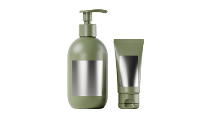 Obraz premium Isolated green cosmetic bottles, pump dispenser and squeeze tube with metallic labels, perfect for beauty product mockups, branding design PNG