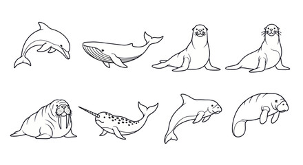 Collection of simple line art marine animals and sea creatures. © Bocah