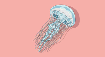 Illustration of a blue jellyfish with tentacles on pink background © Bocah