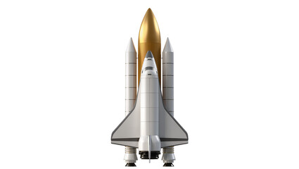 Detailed space shuttle with golden external tank and solid rocket boosters, isolated on transparent background, ready for launch PNG © Emilia
