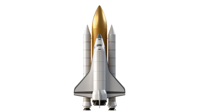 Detailed space shuttle with golden external tank and solid rocket boosters, isolated on transparent background, ready for launch PNG