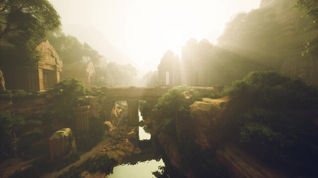 sunlit ancient bridge over reflective river, cinematic golden hour light floods mossy stone ruins and dense forest canopy, soft mist drifts through deep canyon,